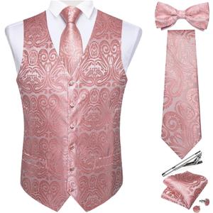 DiBanGu Men's Silk Paisley Vest and Necktie Set 6PCS Pre-tied Bow Tie Formal Waistcoat for Wedding Party (Pink)