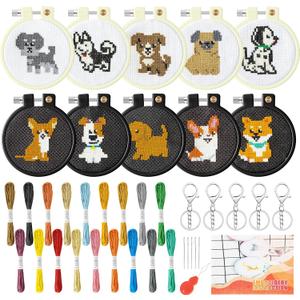 WATINC 10Pcs Embroidery Kit for Kids Stamped Cross Stitch, DIY Key Chain with Puppy Patterns Needlepoint Starter Kits, Craft Supplies for Beginners Children Adults Schoolbag Charms Ornaments (Multicolor)