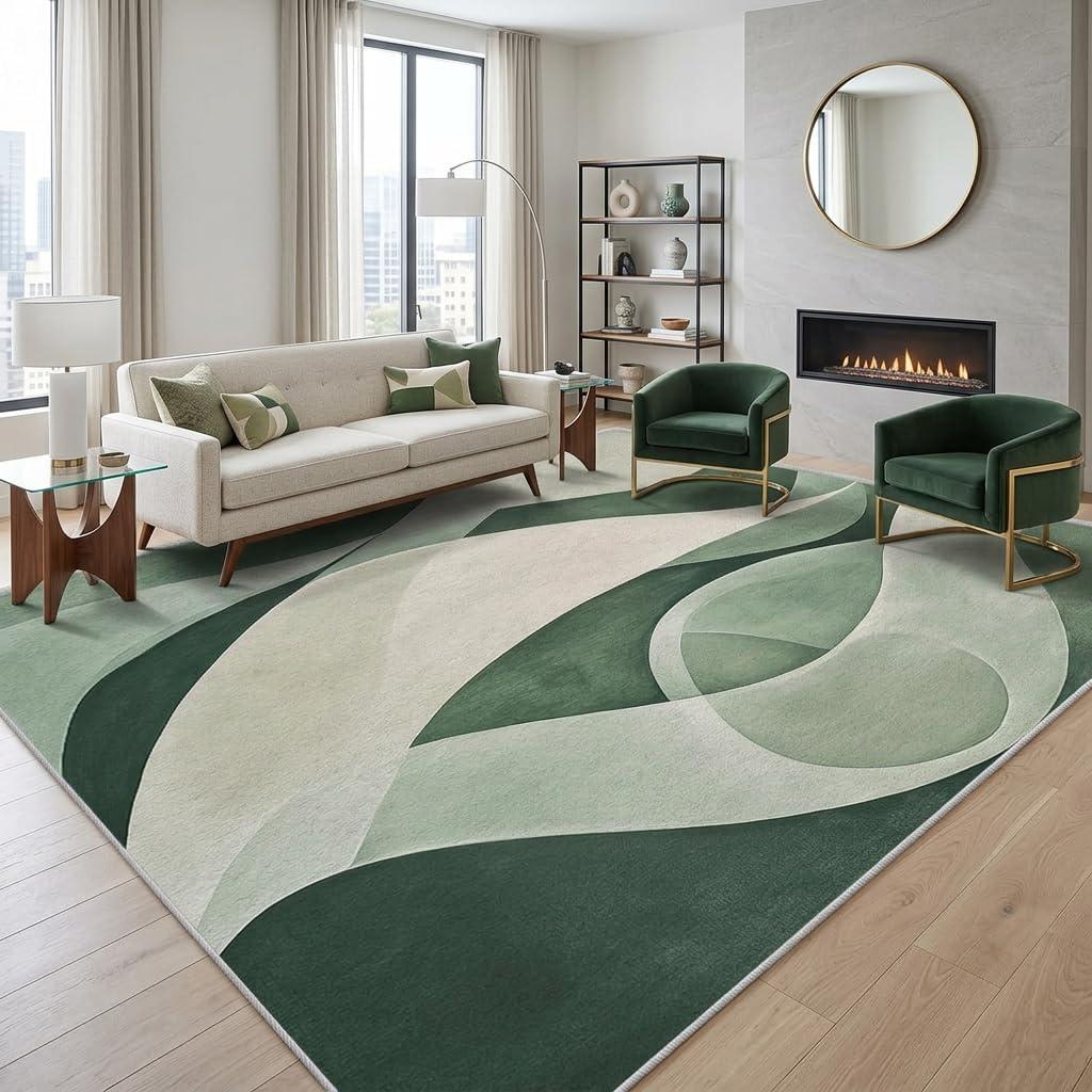 Sage Green Abstract Wave Rug 77.5×118",Modern Swirl Area Rug Washable, Luxurious Aesthetic Rugs for Living Room, Bedroom, Swirl Pattern Carpet Home Decor, Non Slip