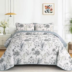 Floral Queen Quilt Set, 3 Pieces Botanical Parrten Bedspread