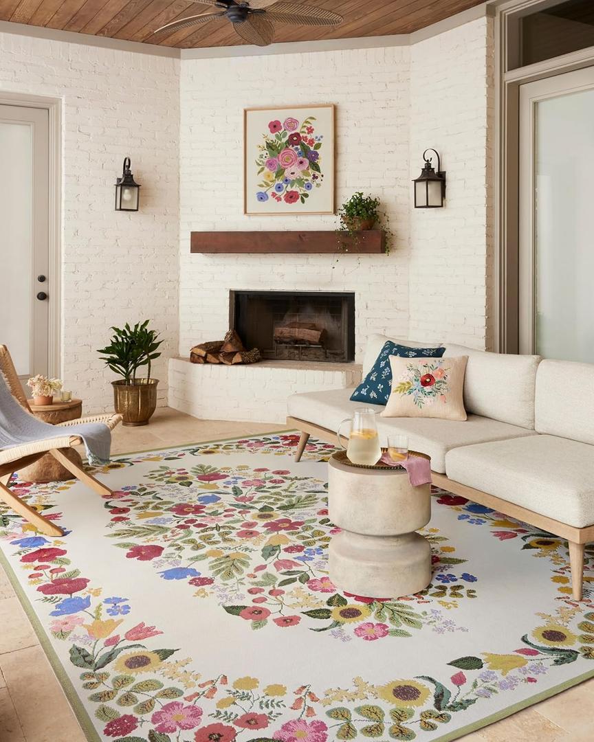 Loloi Rifle Paper Co. Perennial Collection Blossom PRN-01 Cream 5'-3" x 7'-8" Indoor/Outdoor Area Rug