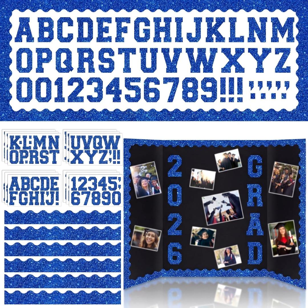 Blue 175 Pcs Graduation Photo Display Board Sticker Glitter Border Trim Alphabet Letter Number for 2026 Grad Party Trifold Poster Photo Display Science Fairs Event Displays Bulletin Board