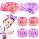 6 Pack Spa Headband with Wristbands: Washing Face Facial Makeup Skincare Headbands for Women Teen Girls - Soft Coral Fleece Elastic Hair Wraps for Easter Basket Stocking Stuffers Valentines Day Gifts (Multicolor Purple & Pink)