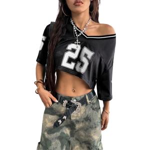 QJQ Jersey Shirts for Women Y2K Crop Tops Streetwear V Neck Half Sleeve Graphic T Shirts Football Soccer Tee Tops (Medium, Black)