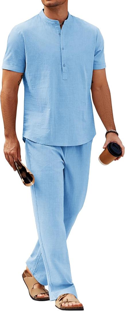COOFANDY Mens 2 Pieces Cotton Linen Sets Short Sleeve Casual Henley Shirt Summer Beach Pants Lounge Vacation Outfits Set (X-Large, Light Blue)