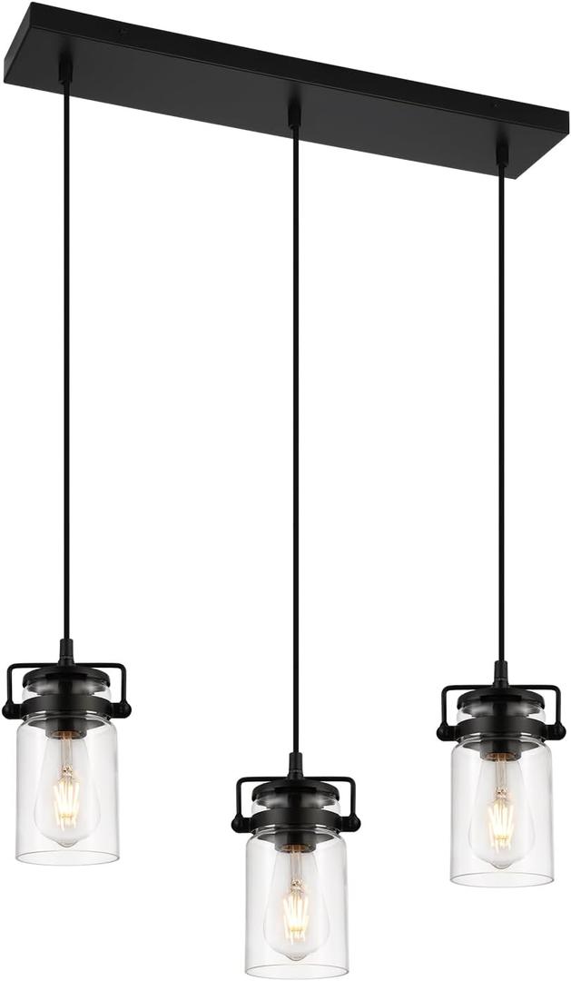 Pendant Lighting for Kitchen Island, Modern Glass Pendant Light Linear Chandelier for Dining Room Industrial Hanging, 3 Light Fixture Adjustable Cord Farmhouse Ceiling Light Black Finish