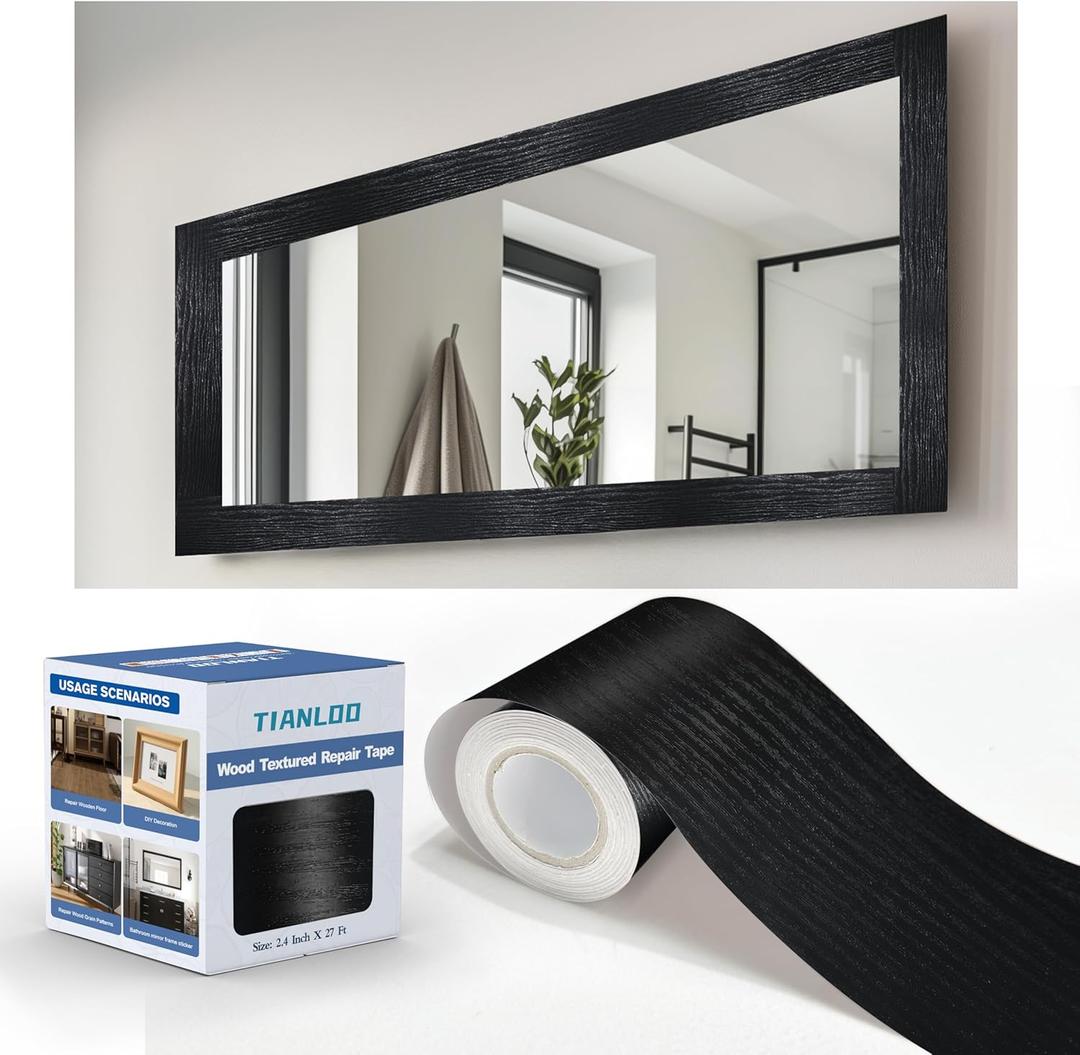 TIANLDD 27 FT Wood Grain Wallpaper Border, Removable Waterproof Mirror Border Peel and Stick,Bathroom Mirror Frame Border.(Black)