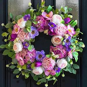 Spring Wreaths for Front Door Outside- 24 Inch Summer Wreath with Blush Pink Roses & Purple Blooms and Hydrangeas,Luxury Spring Door Wreath for Porch,Home,Wall,Window Decor(Indoor Outdoor Use)