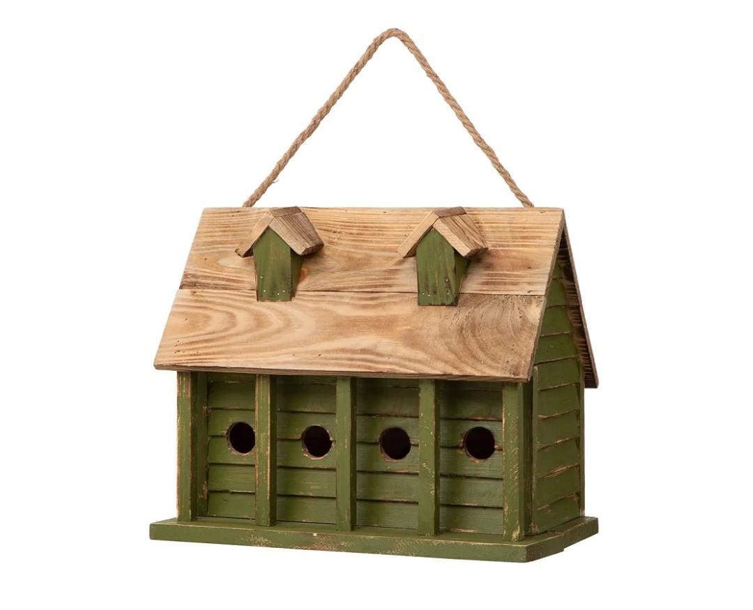 Glitzhome 14.25”L Wood Hanging Birdhouse for Outdoors Oversized Distressed Cottage Painted Bird House Rustic Bird House for Bluebird Wren Chickadee Sparrow Bird Nest Box for Garden Patio, Retro Green