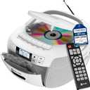 KLIM CD Player & Cassette Tape Player, Bluetooth Boombox, AM/FM Radio, Stereo Sound, Remote, CD and Cassette Combo, Tape Recording, USB Drive, AUX, AC/DC Powered - White
