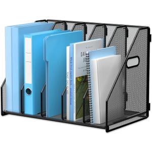 MINDEPOT Desk File Organizer Metal Desk Magazine Folder Holder with 5 Vertical Compartments Rack File Organizer for Office, Home, School, Black
