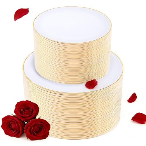 KIRE 200PCS White Disposable Plates - Heavy Duty White Plastic Plates for Party/Wedding - Include 100Pieces 10.25inch Dinner Plates and 100Pieces 7.5inch Dessert/Salad Plates