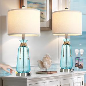 Rinweey 26" Coastal Lamps for Living Room Set of 2,3-Way Dimmable Bedside Lamps with USB Ports and AC Outlet, Nautical Lamps for Nightstand Bedroom Living Room,Teal