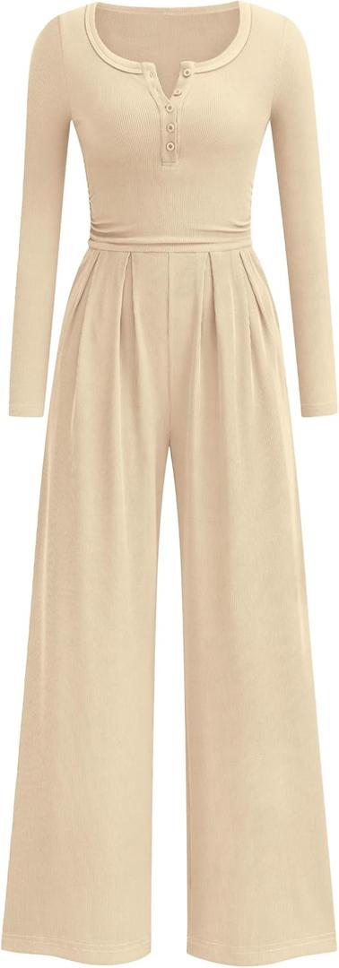 PRETTYGARDEN Jumpsuits for Women Dressy Casual 2026 Fall One Piece Outfits Long Sleeve Wide Leg Pants Romper Fashion Clothing (L)