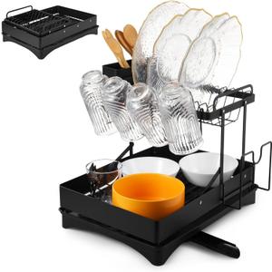 Homaisson Dish Drying Rack - Stainless Steel Dish Rack for Kitchen Counter, 2-Tier Kitchen Organizers and Storage Rack with Drainboard and Cutlery Holder