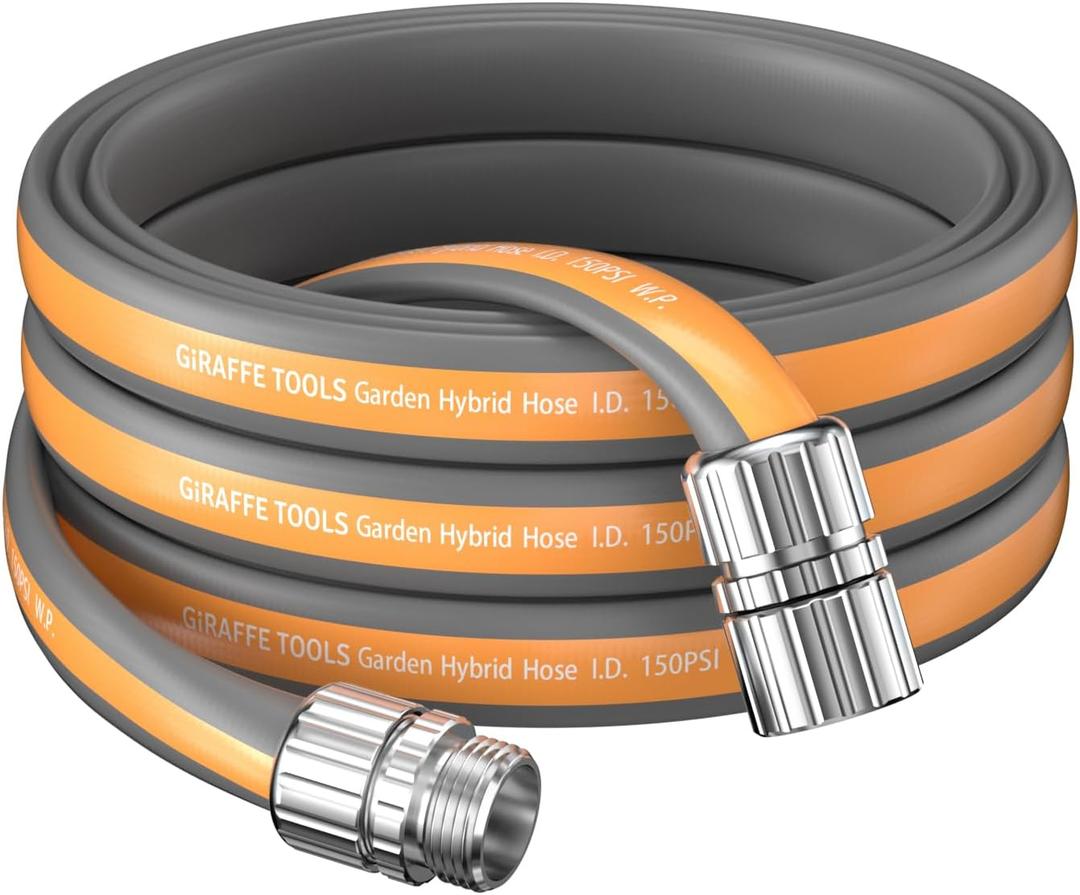 Giraffe Tools Garden Hose 25FT, 5/8" Flexible Lay Flat Water Hose, Custom Length, Leakproof Gardening Hose with Male to Female Fitting, Lightweight Hybrid Hose Pipe for Garden & Yard (Grey and Orange)