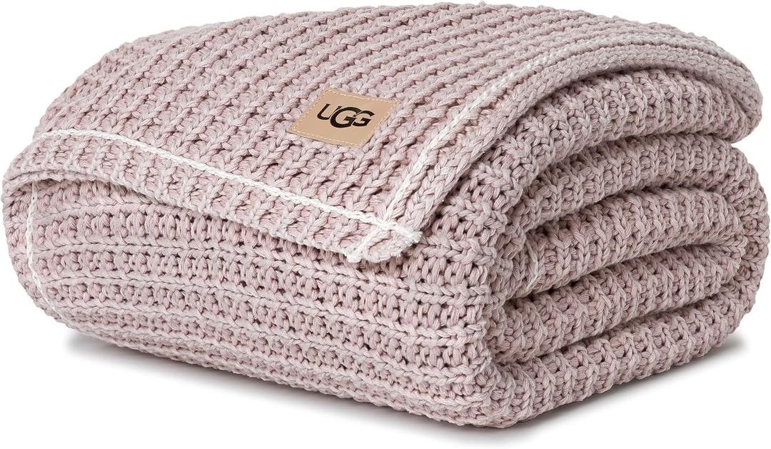 UGG Luna Knit Blanket Throw Cotton Chunky Soft Throw for Couch or Bed Cozy Warm Waffle Giftable Lightweight Blanket for Living Room Bedroom or Dorm Machine Washable, 50-inch x 70-inch, Quartz Pink