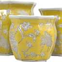 Galt International Yellow & White Round Fluted Floral Porcelain Ceramic Plant Flower Planter Pot Set of 3 (7.5", 10", 13") Garden Pots Chinese Asian Design