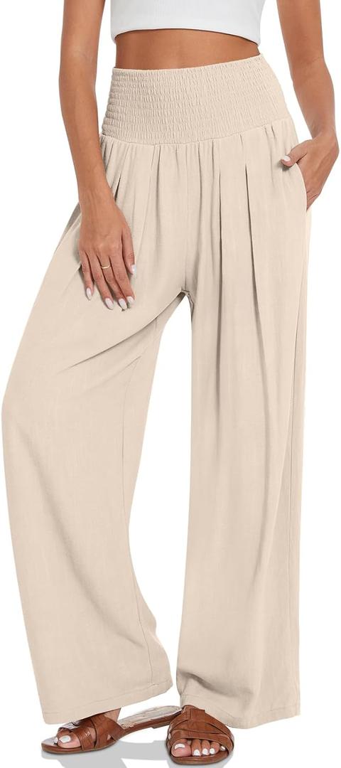 UEU Women's Linen Palazzo Pants Wide Leg High Waisted Lounge Casual Beach Pants with Pockets (Large, Heather Light Khaki)