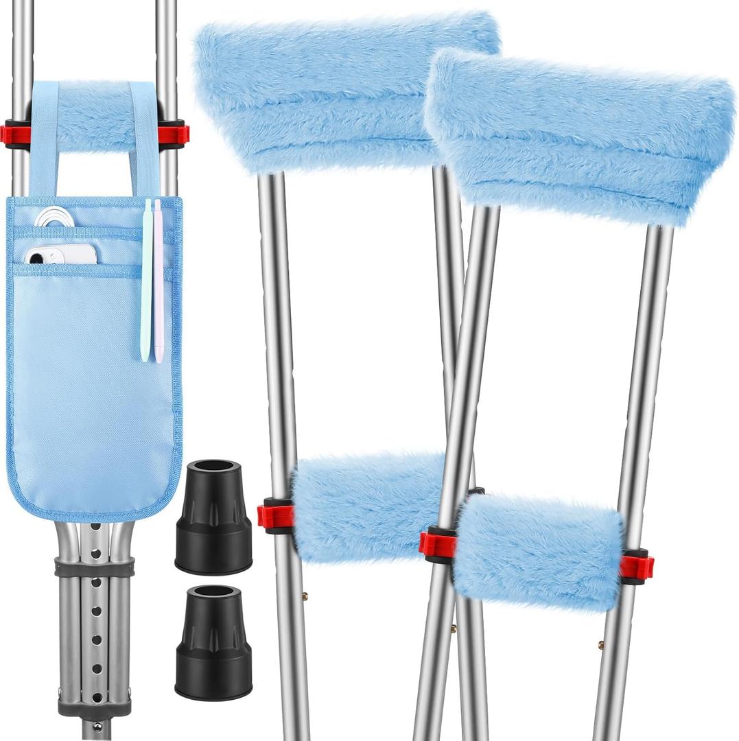 Threlaco 7 Pcs Fluffy Crutches Padding, Bag, Hand Grips Underarm Crutches Padding Cover Crutch Pads for Armpit and Hand Grips, Pouch, Lightweight Accessories for Adult Youth Walking(Blue)