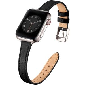 STIROLL Slim Leather Bands Compatible with Apple Watch Band 38mm 40mm 41mm 42mm(Series 11 10), Top Grain Leather Watch Thin Wristband for iWatch SE 9 8 7 6 5 4 3 2 1 (Black Starlight Silver)