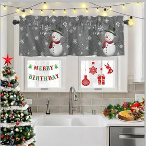 Window Valance Rod Pocket Short Curtain Panels Winter Falling Snowflake and Snowman Kitchen Valances Curtains, Merry Christmas Grey Back Window Treatments Drapes for Living Room Bedroom Decor (54"W x 18"L (Pack of 1))