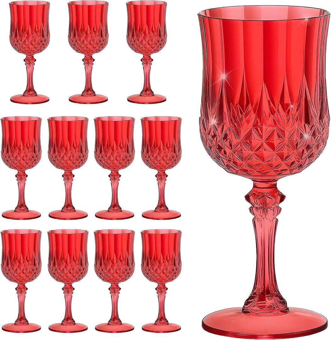 7OZ Plastic Wine Glasses, Reusable Vintage Goblets Unbreakable Drinking Glasses Crystal Water Cups Champagne for Wedding, Parties, Mother's Day (11, Red)
