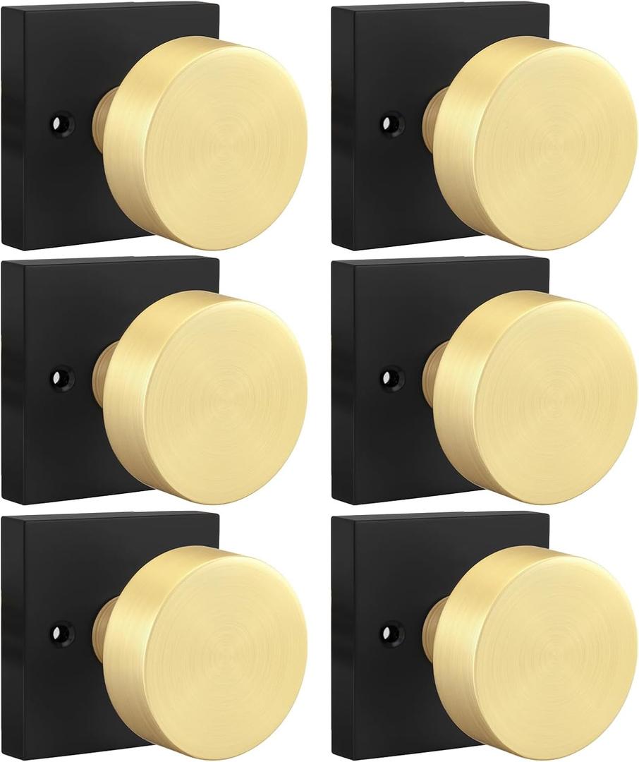 Goldenwarm Black and Gold Dummy Door Knob, Non-Turning Single Side Pull Door Knob Matte Black and Gold, Heavy Duty Door Knobs for Closet Pantry(Square, Zinc Alloy, 6 Single Door Knob)