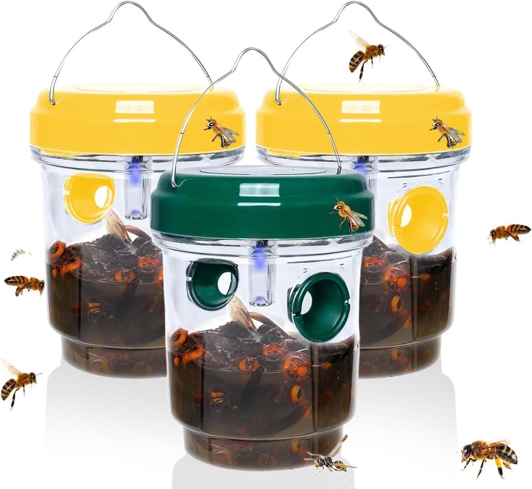 Wasp Traps Outdoor Hanging, Solar Bee Trap for Outside, Reusable Solar Powered Hornet Traps, Bee Wasp Catcher Outside Garden 3 Packs
