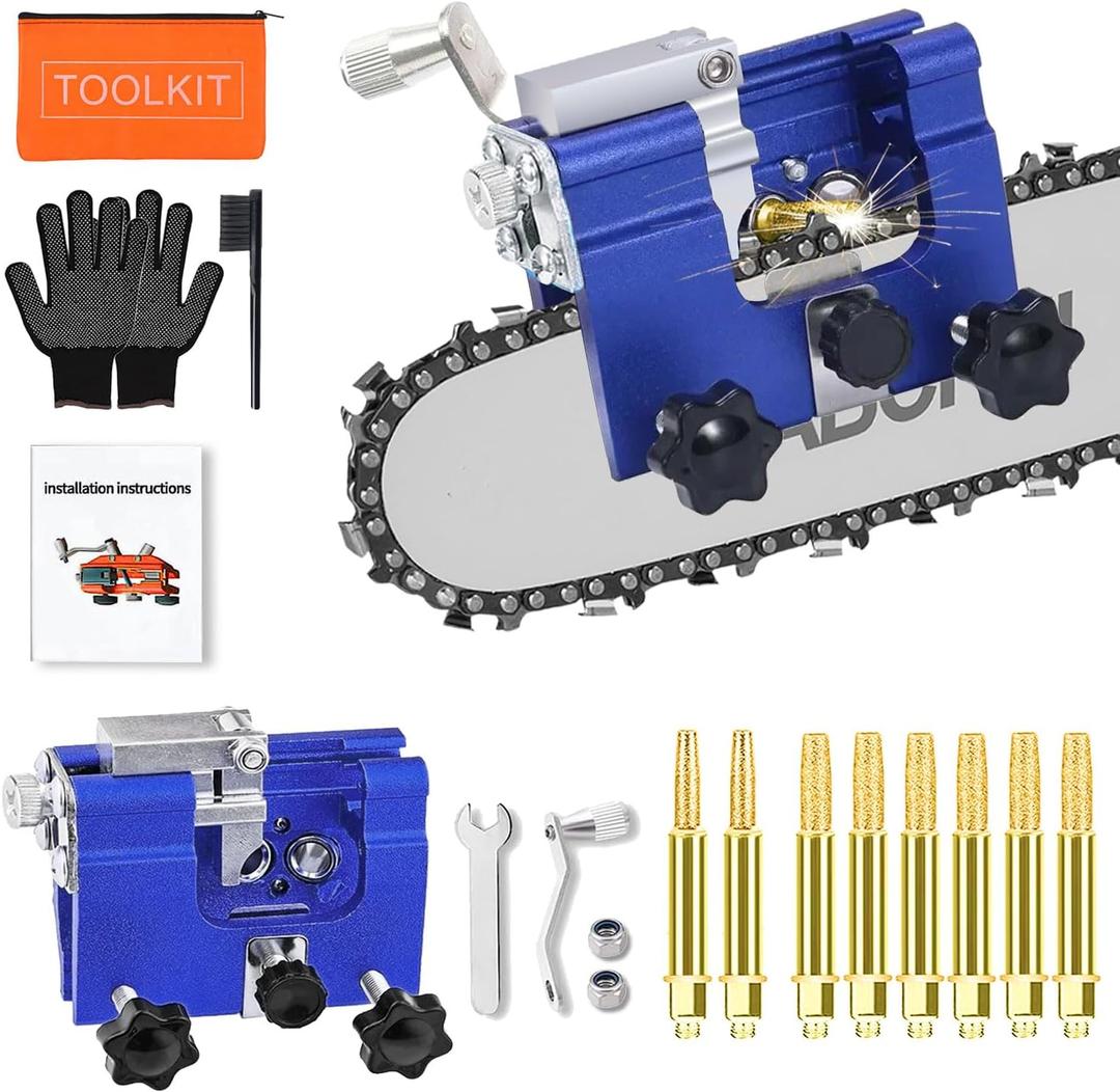 Chainsaw Sharpening Jig, Portable Hand Chain Saw Sharpener Tool with 8 Titanium-Plated Bits, Gloves, Storage Bag & Brush, Chainsaw Sharpener, Chainsaw Sharpener Kit for 4"-22" Chainsaw & Electric Saws (Blue)