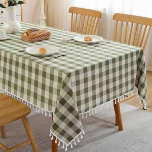 JIALE Gingham Tablecloth Rectangle Cotton Linen Fabric Checkered Table Cloth with Tassel Washable Wrinkle Free Buffalo Plaid Table Cover for Outdoor Party Picnic Kitchen Dining, Green, 55x90