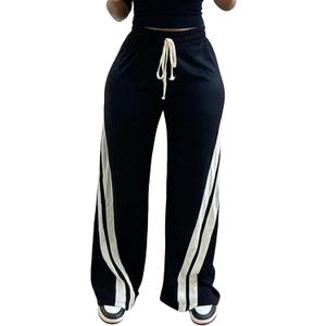 Unybwonn Women High Waist Wide Leg Sweatpants Straight Leg Elastic Waist Pants Casual Striped Pants with Drawstring (Small, Black)