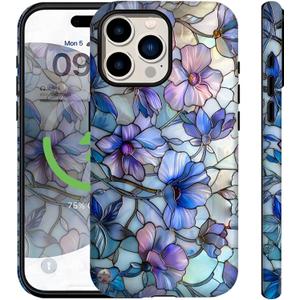 Case for iPhone 13 Pro Max Case Stained Glass Cute Elegant Purple Flowers Floral Design for Women Girls [Compatible with Magsafe] Rugge Shockproof Anti-Scratch Phone Cover
