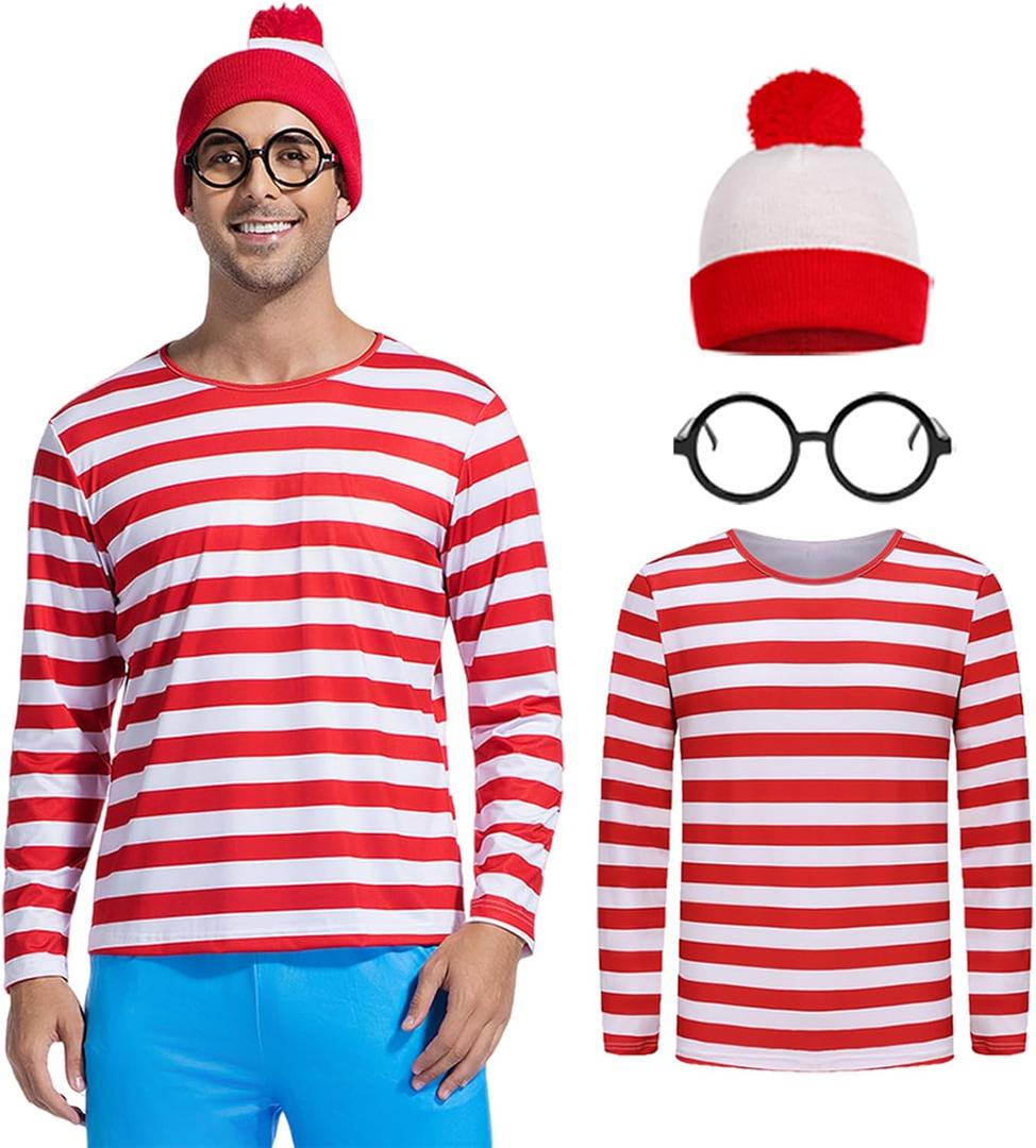 Adult Couple Costume Men Halloween Costumes Wally Cosplay Red White Striped Tee Shirt Suit Outfit with Glasses Hat (Large)