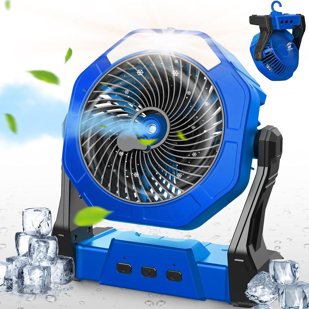 Ausic Portable Misting Fans for Outside, Outdoor Cooling Fan for Patios, 8 Inch Camping Battery Operated Rechargeable Fans, Spray Fan with Light & Hook for Beach, Tents, Travel (10000mAh, Blue)