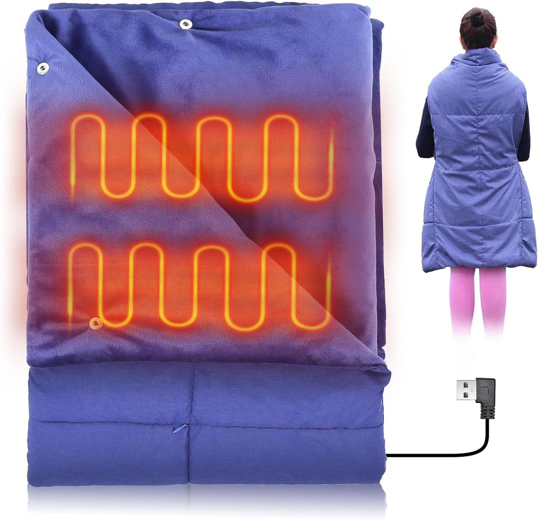 Portable USB Heated Blanket, 3 Heat Level USB Heated Blanket Throw 3 Hrs Auto Off, Overheat Protection Softness USB Heating Blanket Wearable Machine Washable, Blue(Battery Pack Not Included)