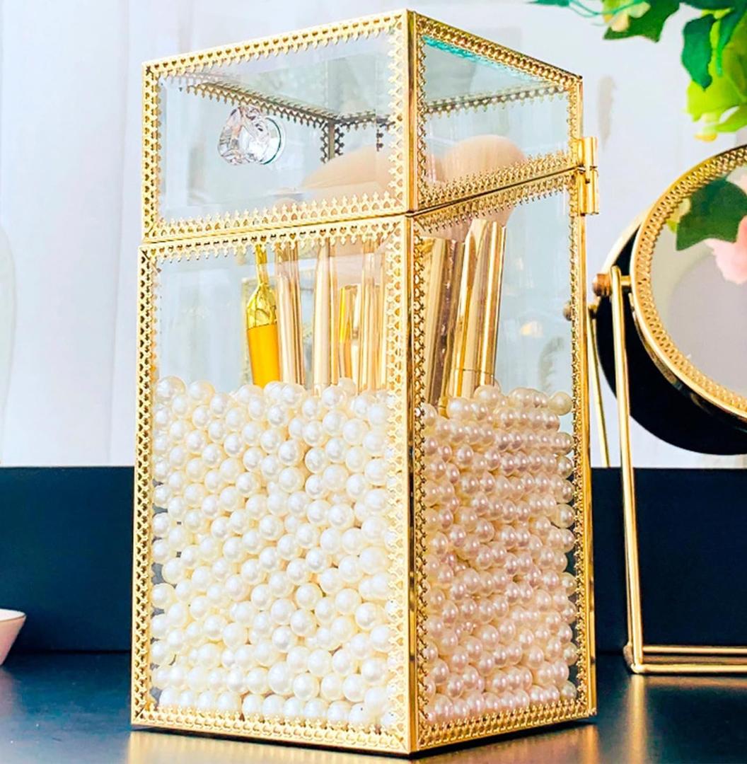 Makeup Brush Holder Organizer with Lid, Glass Cosmetic Make Up Brushes Container, Clear Makeup Tool Storage Box Cup with Pearls, Vintage Dustproof Vanity Decor for Countertop Desktop