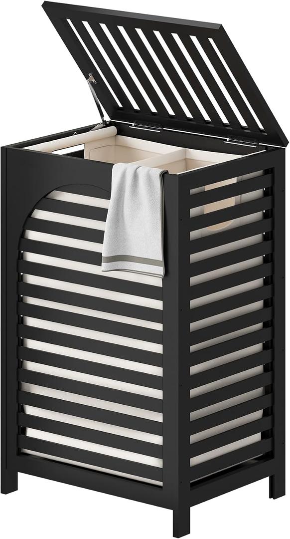 Laundry Hamper with Lid (16.9 * 13 * 26.5inches) Large Bamboo Laundry Bin Basket 85L Clothes Hamper with 1 Removable Bag Storage baskets for Bathroom(Black)