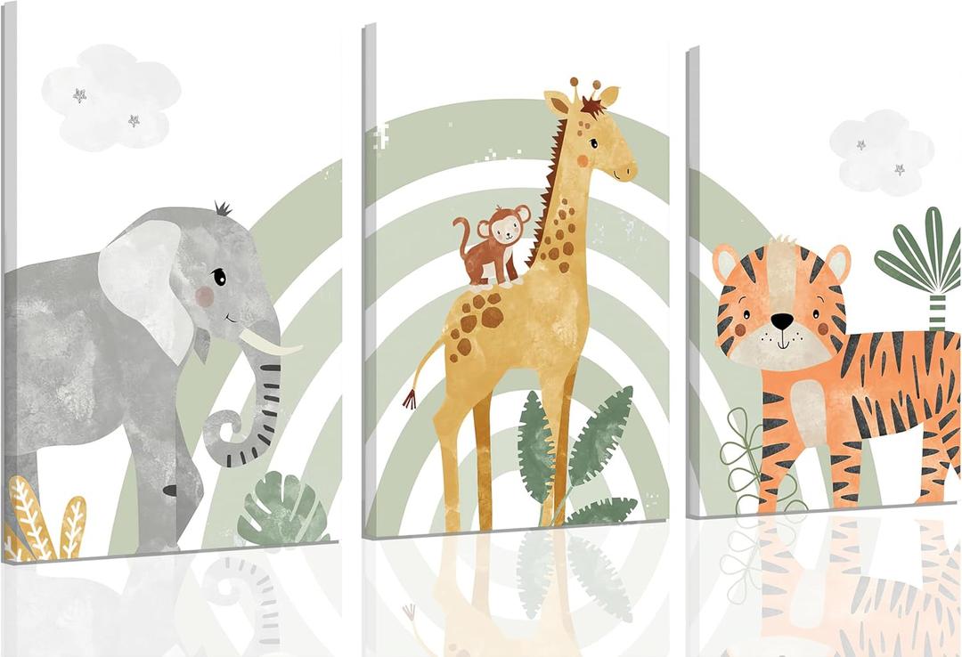 3Pcs Framed Safari Animals Canvas Wall Art elephant tiger giraffe Posters Prints Bohemian Rainbow elements Paintings Pictures wall decor for Nursery Baby Bedroom Decorations (12x16, color)