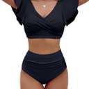 BMJL Women's High Waisted Bathing Suits Tummy Control Two Piece Swimsuits Ruffle Bikini Sets Criss Cross Ruched Swimwear (Medium, Black)
