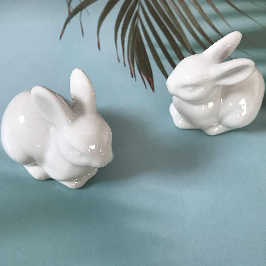 Set of 2 Decorative Bunny Figurine- Ceramic Rabbit Statue/Sculpture for Home Garden Wedding Decor or More (Small)