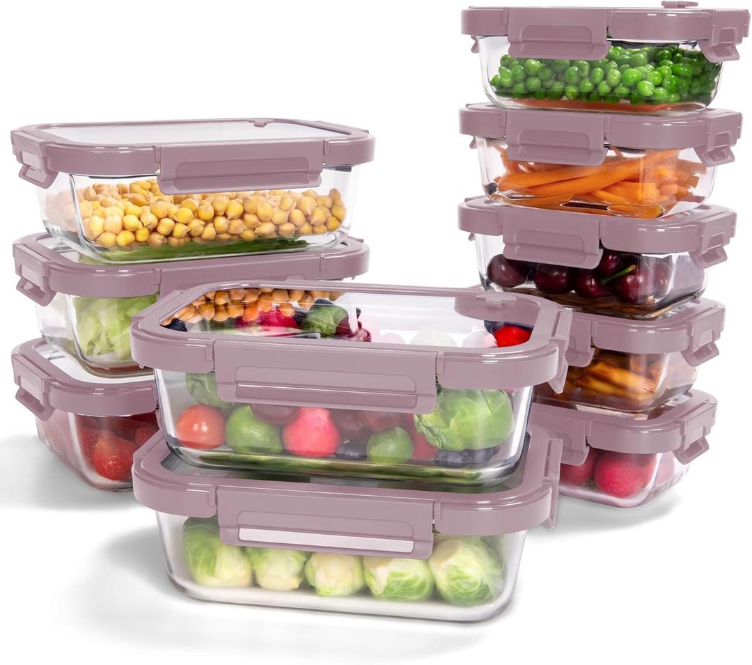10-Pack Glass Food Storage Containers with Tempered Lids Borosilicate, Airtight, Oven-Safe (-4F~950F), BPA-Free, 4.4 & 1.6 Cup, Leak-Proof, Dishwasher Safe (Pink)