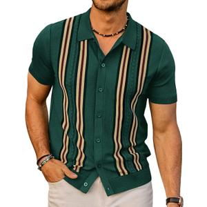 PJ PAUL JONES Mens Polo Shirts Vintage Striped Button Down Knitted Golf Shirts (Green, S)