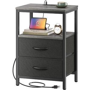 Huuger Nightstand with Charging Station, Side Table with Fabric Drawers, End Table with Open Shelf, Bedside Table with USB Ports and Outlets, Night Stand for Bedroom, Charcoal Gray | with Open Shelf, for Bedroom (11.8"D x 15.7"W x 23.6"H (2 Drawers))