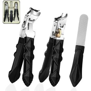3pc Nail Clippers Set for Thick Toenails  Black Stainless Steel Slanted & Flat Clippers with Nail File, Wide Jaw Heavy Duty Anti-Splash Cutter for Seniors, Men and Women