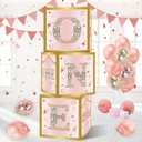 DataMoon 1st Birthday Decorations Boxes for Baby Girl - 3PCS Pink Rose Gold Onederful First Birthday Balloons Boxes, One Year Old Happy Birth Party Theme Cardboard Box for Cake Smash Photo Props