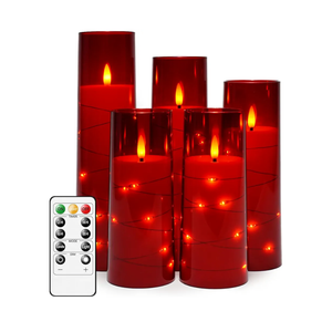 Flameless LED Candles with Timer 5 Pc Flickering Flameless Candles for Romantic Ambiance and Home Decoration Stable Acrylic Shell,with Embedded Star String，Battery Operated Candles（Red）