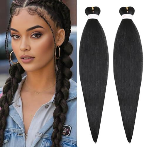 Natural Black Braiding Hair, 24 Inch 1B Synthetic Pre Stretched Braiding Hair, 2 Packs Hot Water Setting Soft Yaki Texture No Tangle No Shedding for Box Braids Senegalese Twist(24 Inch, 1B#)