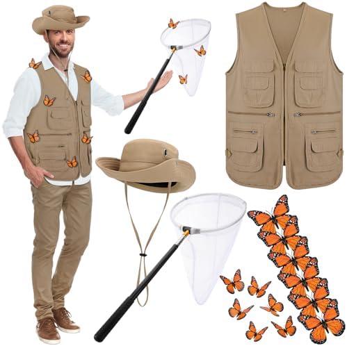 Maiteenly 15 Pcs Halloween Butterfly Catcher Costume Set for Adult Men Monarch Butterfly Decorations, Net, Pocket Vest, Hat, 4XL