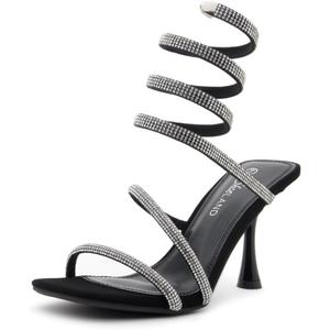 Shoe Land Charming2 Women's Rhinestone Heels, Square Open Toe High Stilettos with Spiral Ankle Wrap Strap  Coil Spiral High Heeled Crystal Dress Sandals for Party (5)